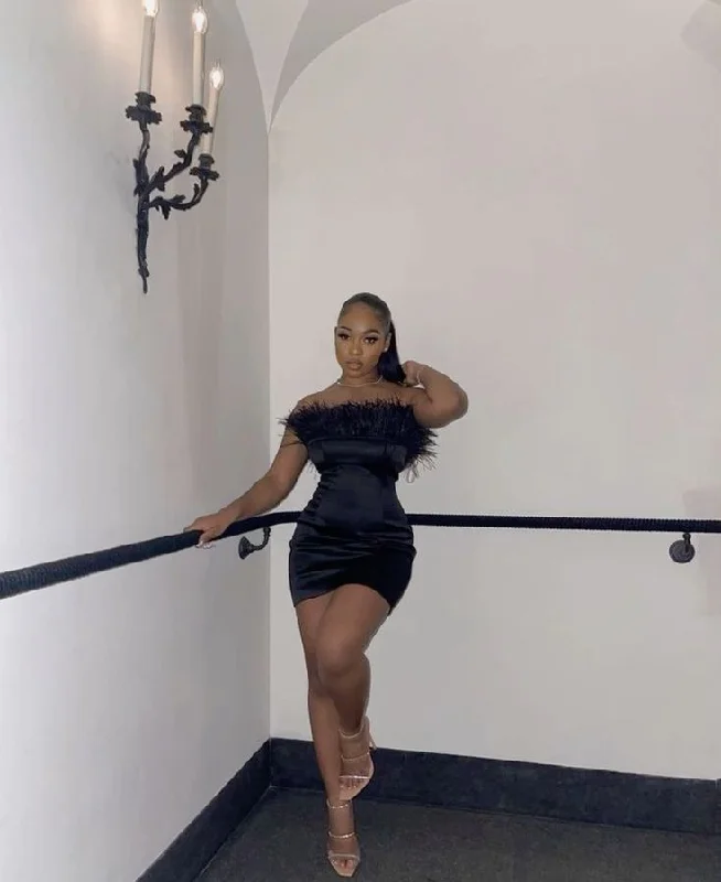 Black Girl Strapless Short Party Dress with Feather, DP2685 Tunics Chinos classic