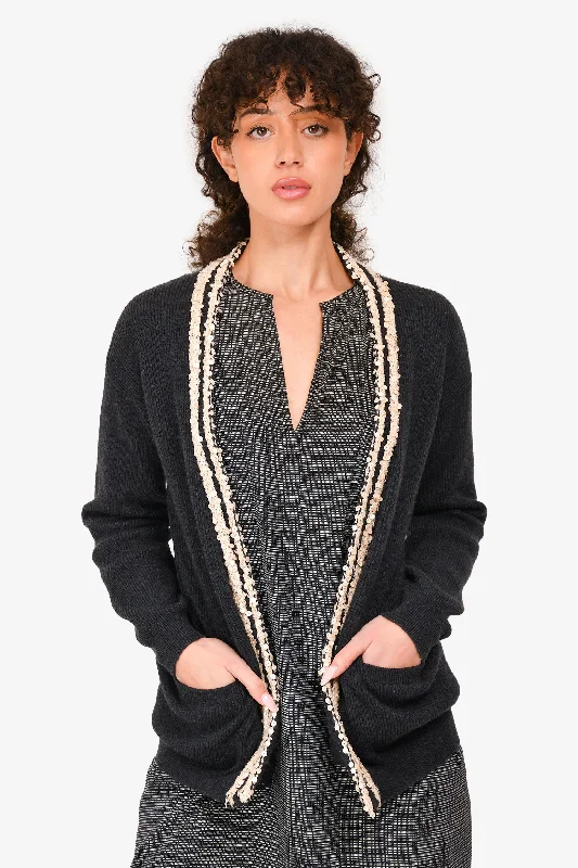 Brunello Cucinelli Grey Ribbed Cashmere Cardigan with Cream Sequin Trim Size S Zippered Buttoned Snapped Brunello Cucinelli Grey Ribbed Cashmere Cardigan with Cream Sequin Trim Size S Zippered Buttoned Snapped