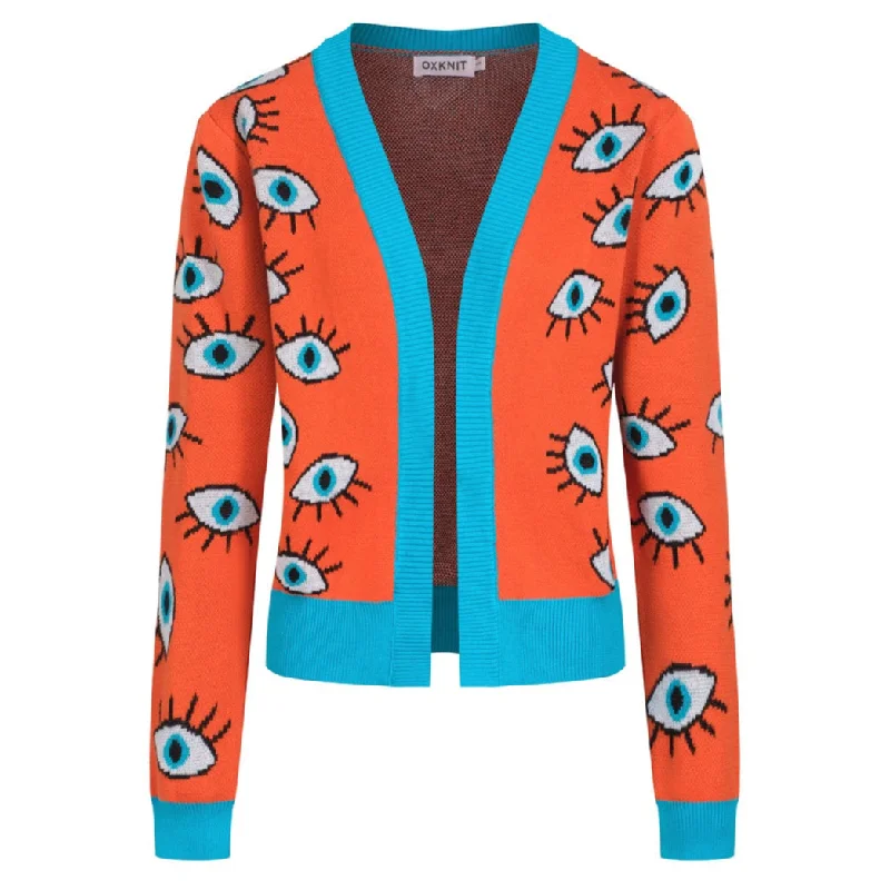 Women's orange jacquard cardigan sweater-Cropped Length Modern Contemporary chic