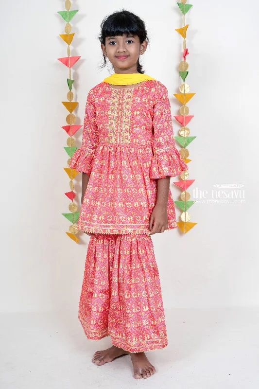 Red Printed Designer Cotton Sharara Pant With Tunic Top For Girls Wide-Legged Palazzos