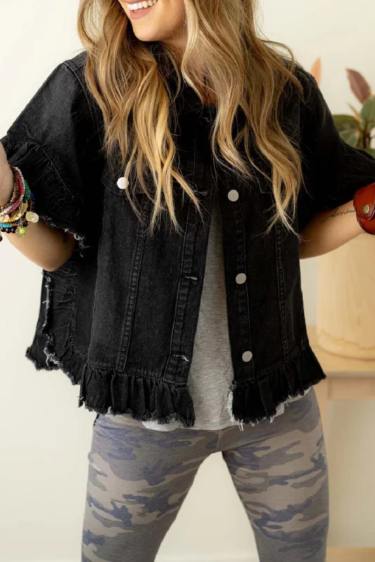 Black Raw Edge Ruffled Short Sleeve Denim Jacket Knit Jacket Woven Jacket Fleece Jacket