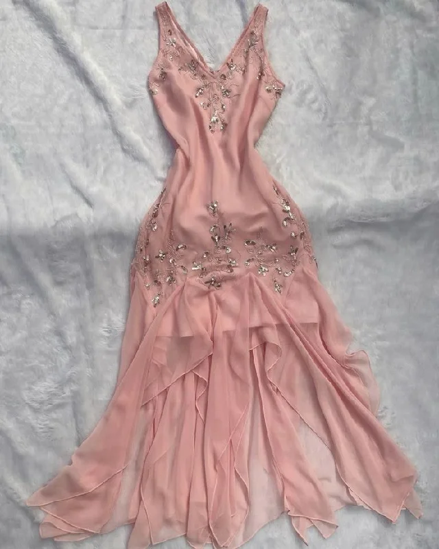 Light Pink V Neck Beading Ruffles Vintage Party Dress, DP2514 Tunics Formal black