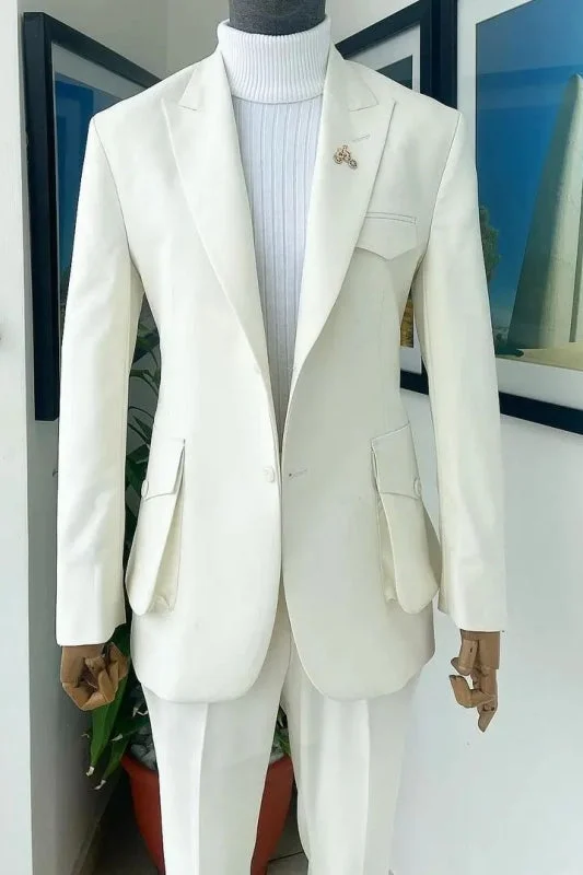 Simple White Peaked Lapel Two Pieces Prom Suits One Button Formal Business Suits Jacket Pants Knit Jacket Woven Jacket Fleece Jacket