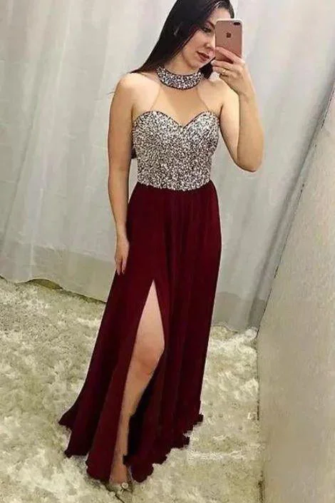Burgundy A Line Halter Neckline Prom Dress With Slit Dance Party Dress Graduation Dress OK1149 Turtleneck Warm Winter Burgundy A Line Halter Neckline Prom Dress With Slit Dance Party Dress Graduation Dress OK1149 Turtleneck Warm Winter