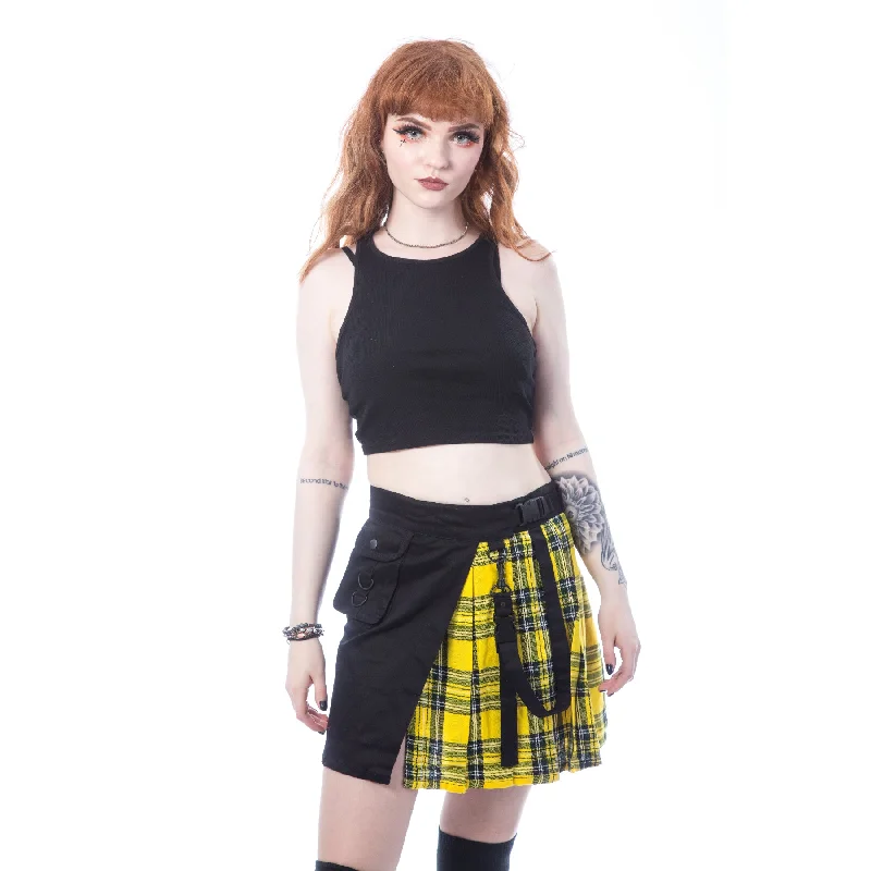 INFINITY SKIRT - BLACK/YELLOW TARTAN velvet skirt glossy