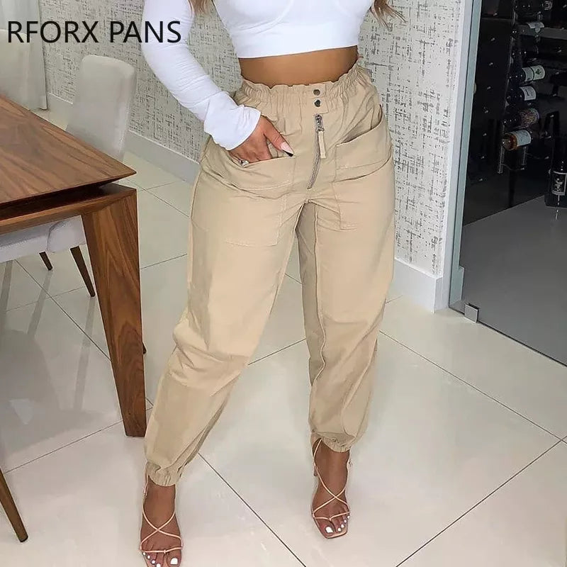 Women Pants Zipper Button Pocket Design Shirring Detail Pants Casual Pants for Women 2021 Trendy Printed Pants