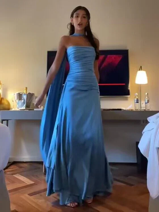 Elegant Strapless A-Line Blue Simple Long Party Dress, DP2449 Tunics Chinos classic