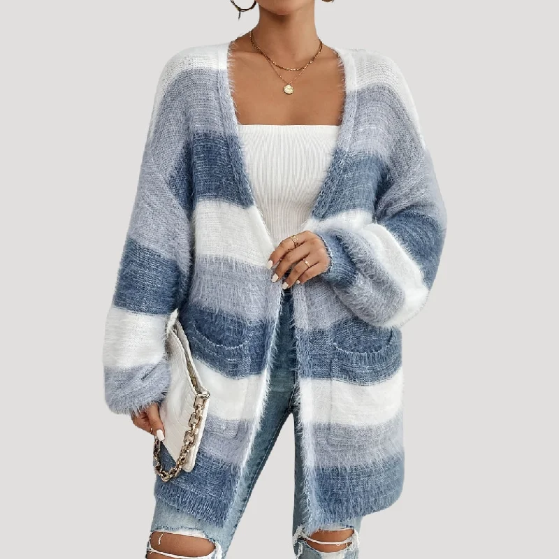Fluffy striped open-front cardigan for cozy layering Chenille Brocade Lace
