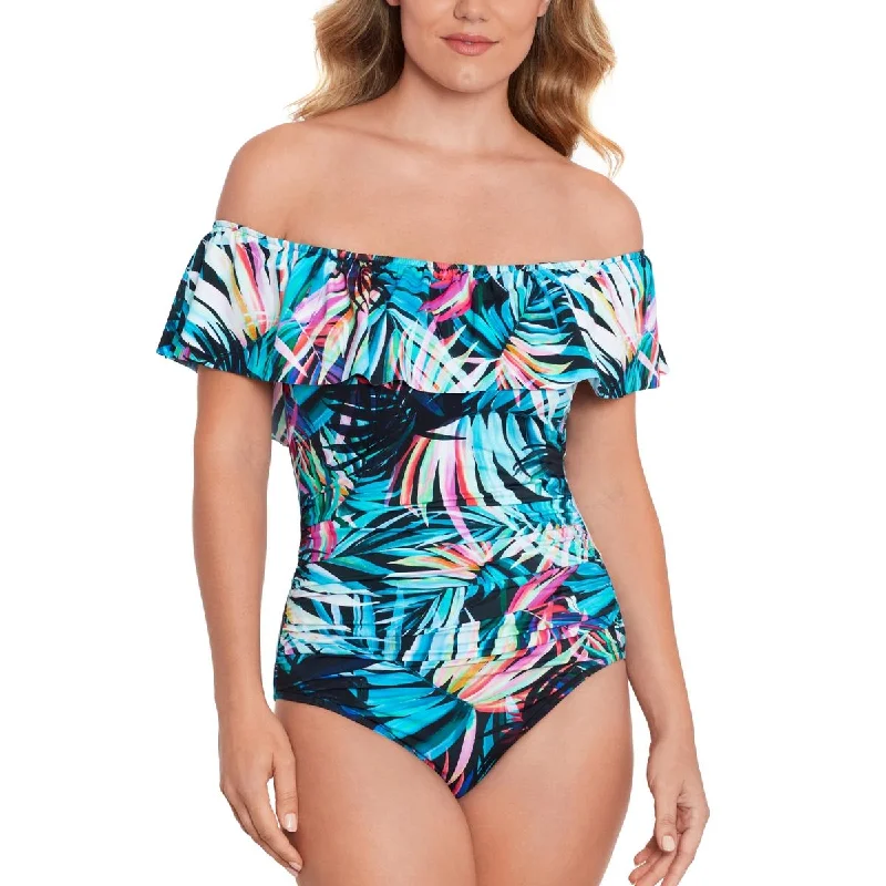 Swim Solutions Womens Off-The-Shoulder Printed One-Piece Swimsuit V-Neck Swim Dress