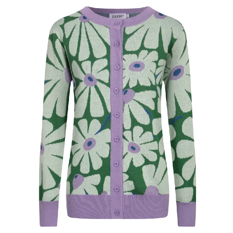 Women's green floral apple cardigan sweater Lace Blend Ribbed Blend Corduroy Blend