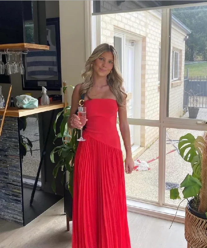 Red Strapless A-Line Pleated Simple Long Party Dress, DP2631 Tunics Handmade artisanal Red Strapless A-Line Pleated Simple Long Party Dress, DP2631 Tunics Handmade artisanal
