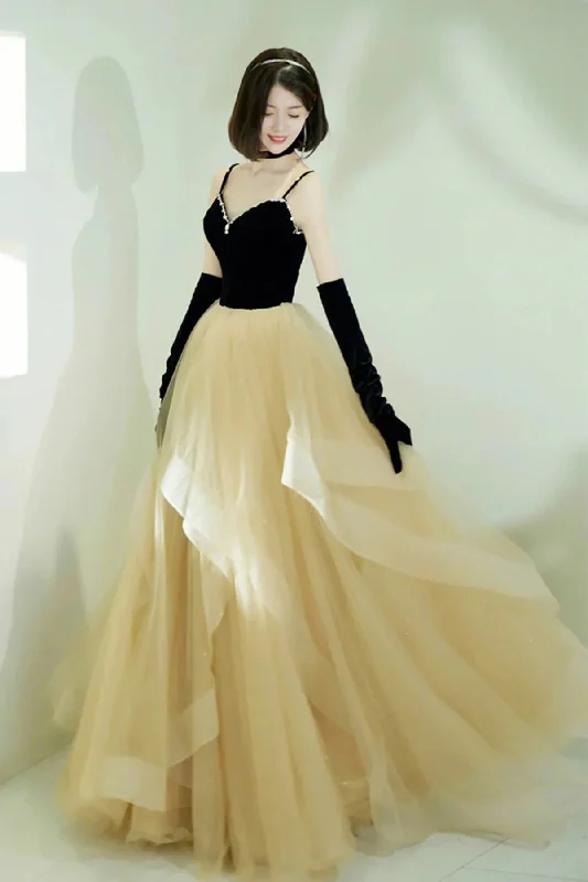 Black A Line Tulle Long Prom Dresses, Spaghetti Straps Evening Party Dresses OK1921 Crew Neckline Casual Black A Line Tulle Long Prom Dresses, Spaghetti Straps Evening Party Dresses OK1921 Crew Neckline Casual
