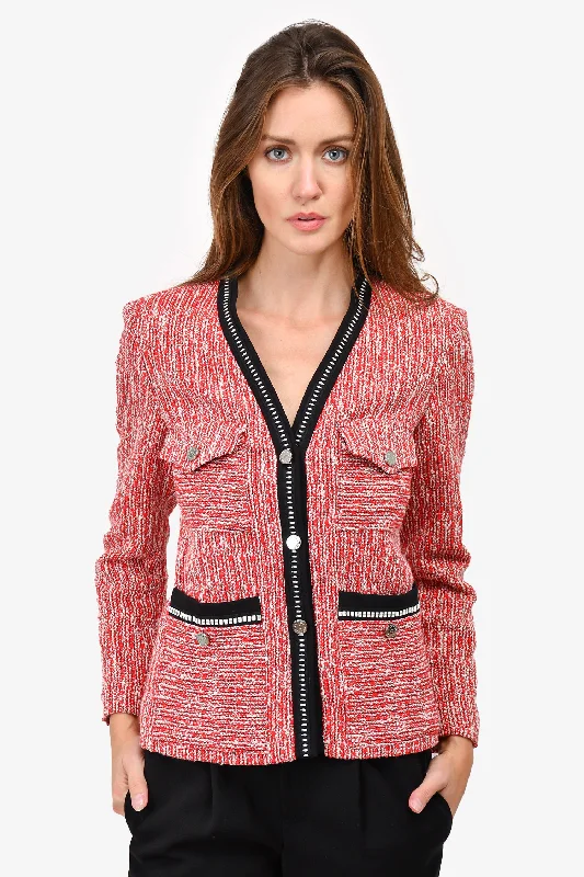 Maje Red/White Tweed Cardigan With Black Trim Size 36 Chenille Fabric Brocade Fabric Lace Fabric