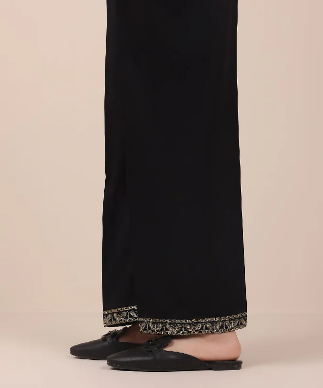 Embroidered Cotton Satin Pants Relaxed Casual Leggings