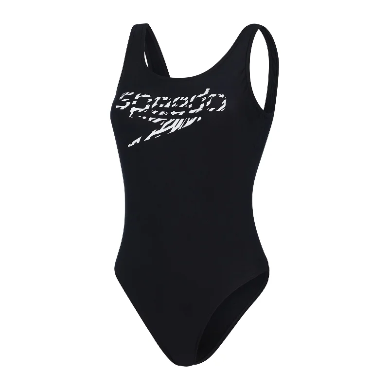 Speedo Logo Deep U-Back Swimsuit - Womens - Black/White Chic Beach Cover-Up