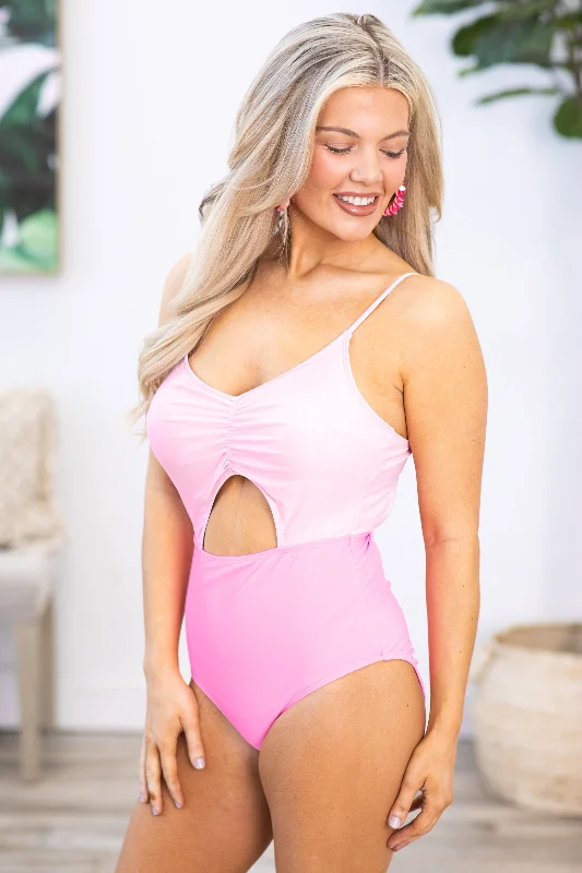 Pink Two Tone Cut Out One Piece Swimsuit Chic Bikini Set