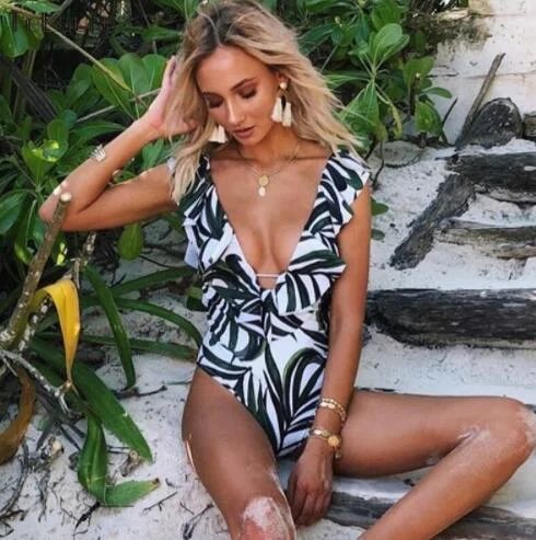 Sexy Ruffle One Piece Swimsuit Tropical Print One-Piece