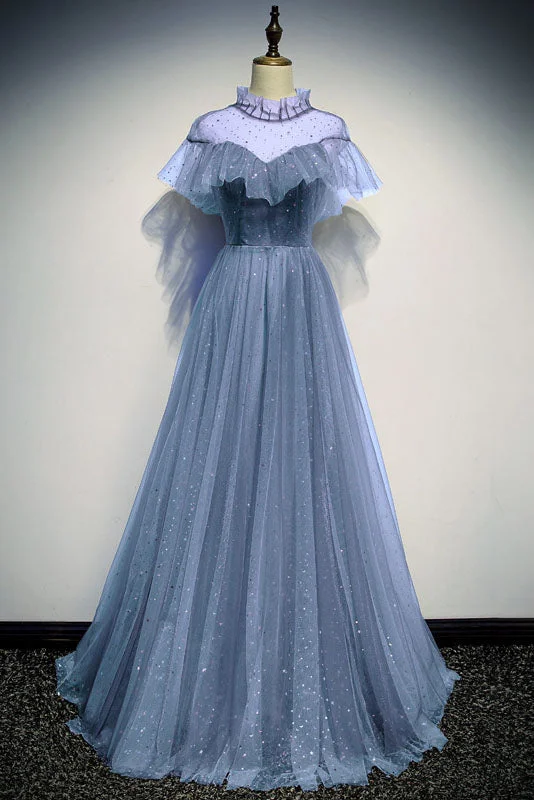 A Line High Neck Tulle Short Sleeves Prom Dress Long Evening Party Dress OKQ73 Tunics Fleece cozy A Line High Neck Tulle Short Sleeves Prom Dress Long Evening Party Dress OKQ73 Tunics Fleece cozy