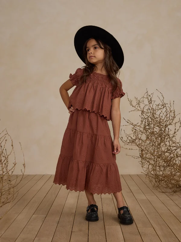 Rylee & Cru Ruffled Tiered Midi Skirt, Brick ruffled skirt detail