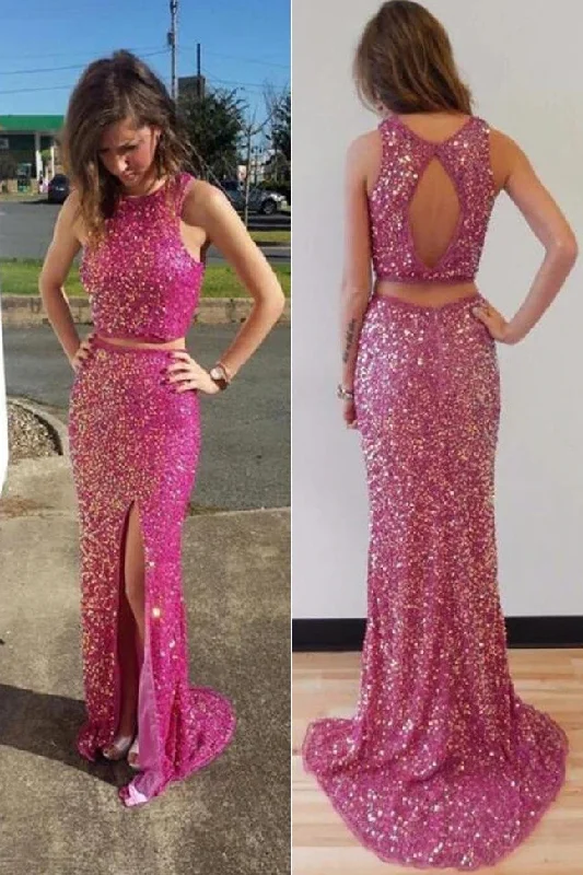 Glittering 2 Pieces Open Back Side Slit Prom Dress Cocktail Party Dress OK1406 Mermaid Tail Wedding Glittering 2 Pieces Open Back Side Slit Prom Dress Cocktail Party Dress OK1406 Mermaid Tail Wedding