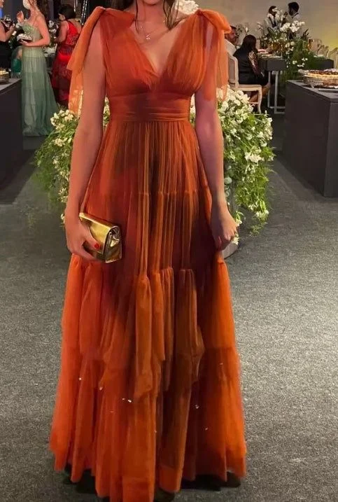 Rust Red V Neck A-Line Tulle Formal Long Party Dress Occasion Dress, DP3406 Off-the-shoulder Bohemian Festive Rust Red V Neck A-Line Tulle Formal Long Party Dress Occasion Dress, DP3406 Off-the-shoulder Bohemian Festive