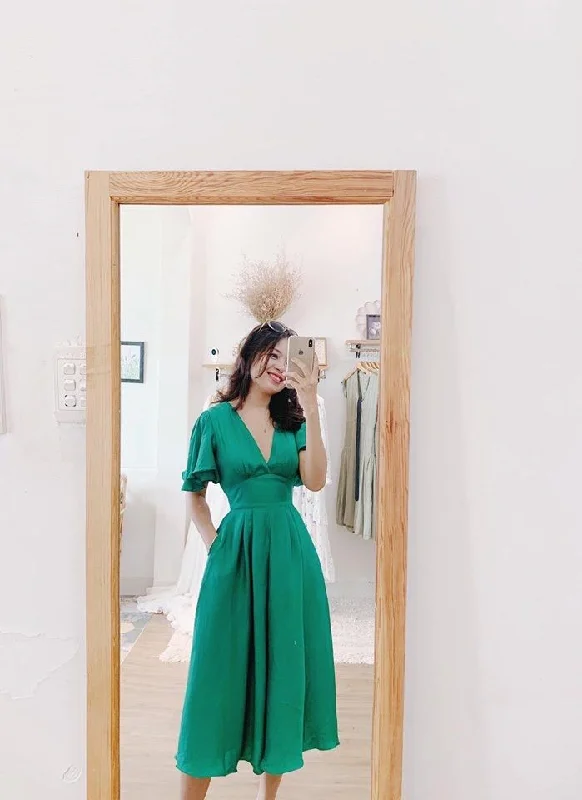 Green A-line V Neck Party Dress,Wedding Guest Outfit cc841 Tunics Cozy comfortable