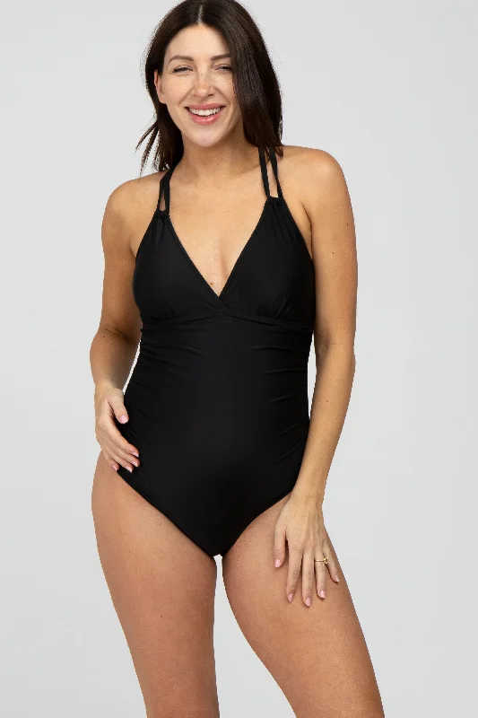Black Ruched Side Strappy Cross Back Maternity One Piece Swimsuit Chic Beach Cover-Up Black Ruched Side Strappy Cross Back Maternity One Piece Swimsuit Chic Beach Cover-Up