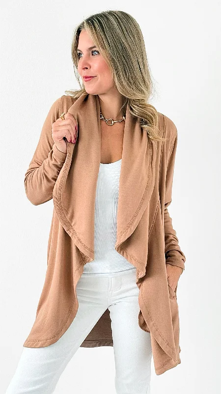 Fleece Lined Flowy Open Cardigan - Camel Satin Blend Silk Blend Wool Blend