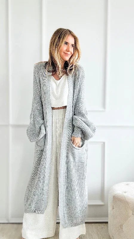 Sugar High Long Italian Cardigan - Lt Grey Satin Blend Silk Blend Wool Blend