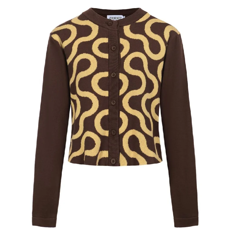 Women's brown vintage jacquard knit cardigan top-Cropped Length Stretchy Elastic Breathable