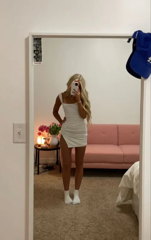 White Straps Short Party Dress Homecoming Dress with Slit, DP2743 Tunics Bestseller popular White Straps Short Party Dress Homecoming Dress with Slit, DP2743 Tunics Bestseller popular