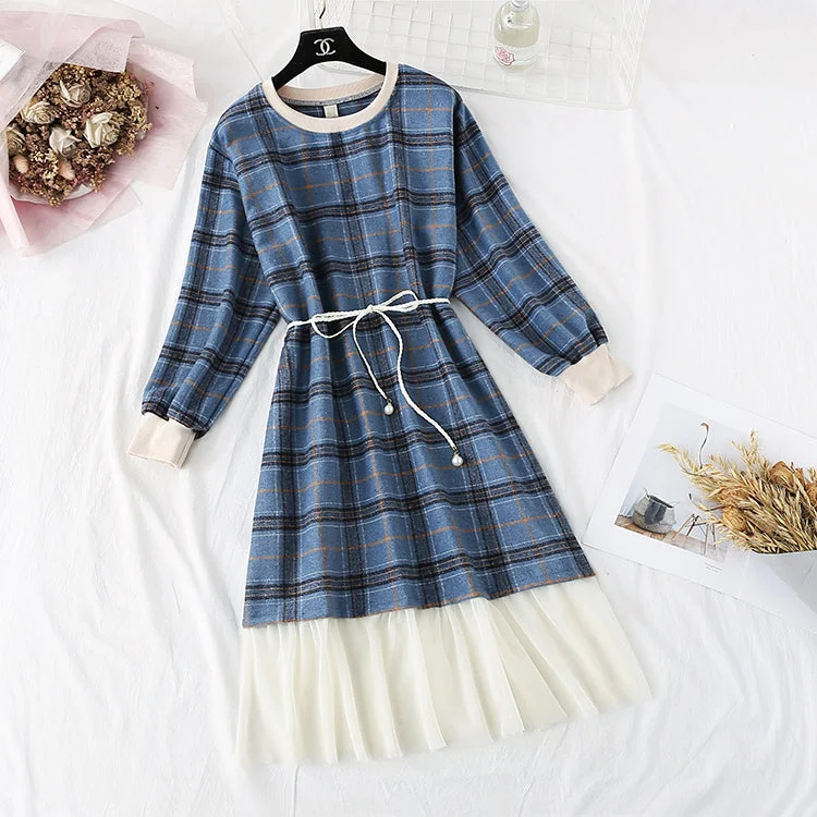 New French Vintage Plaid long sleeve waist closing slim skirt  2293 denim skirt classic