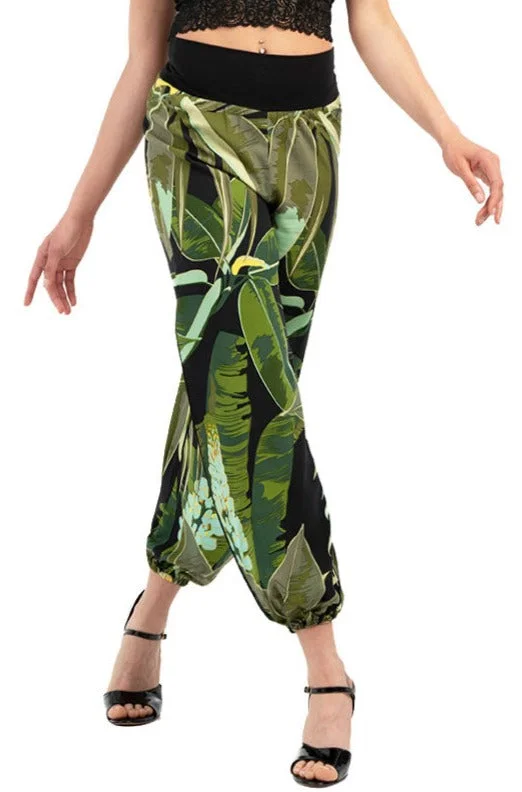 Tropical Print Gathered Tango Pants Formal Stretch Pants