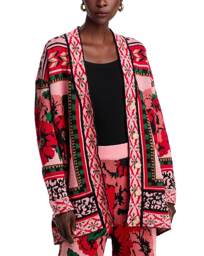 Flower Tapestry Knit Cardigan Welt Pockets Slit Pockets Flap Pockets