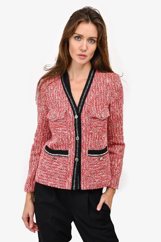 Maje Red/White Tweed Cardigan With Black Trim Size 36 Satin Fabric Silk Fabric Chiffon Fabric