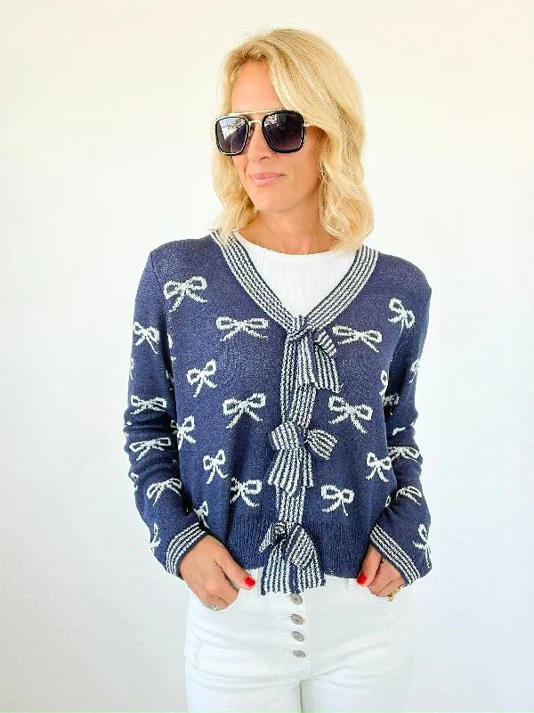 Tied with Love Bow Cardigan- Navy Thin Thick Dense