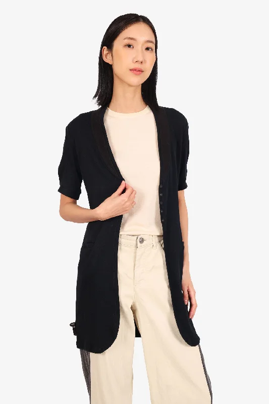 Brunello Cucinelli Black V-Neck Short Sleeve Long Cardigan Size XS Open Front Closed Front Wrap Front