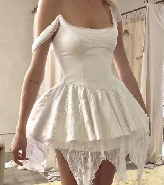White A-Line Short Party Dress Mini Homecoming Dress, DP2757 Tunics Office stylish