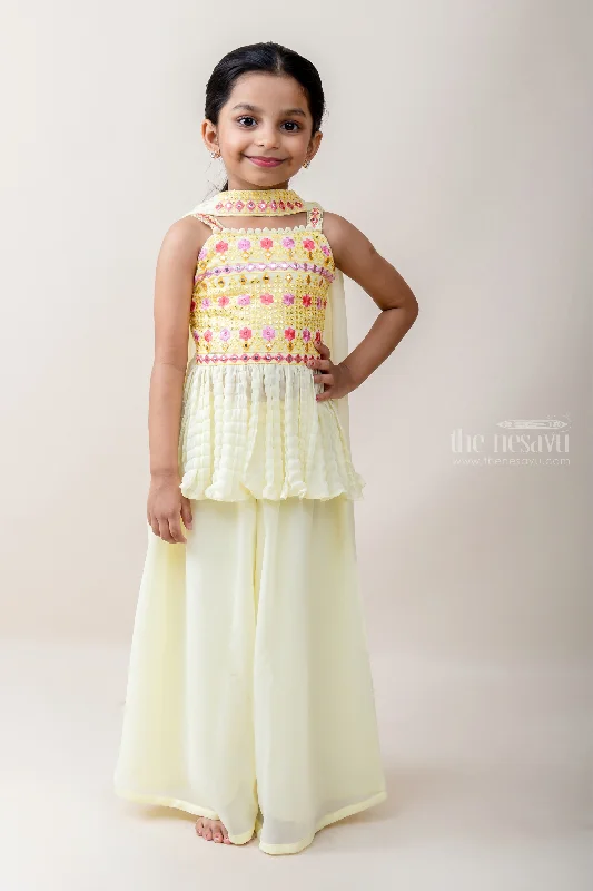 Frills And Flows - Embellished Yellow ShortTops And Airy Patiala Pants Relaxed Fit Trousers