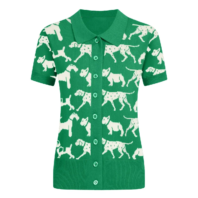 Women's green doggie jacquard knit cardigan Mesh Cardigan Canvas Denim