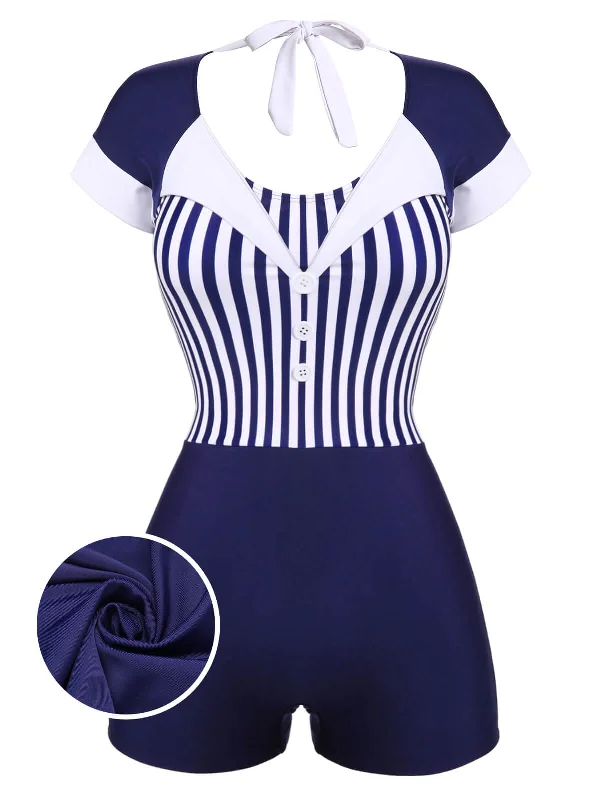 Navy Blue 1930s Stripe Patchwork Swimsuit Monokini Swimsuit Design