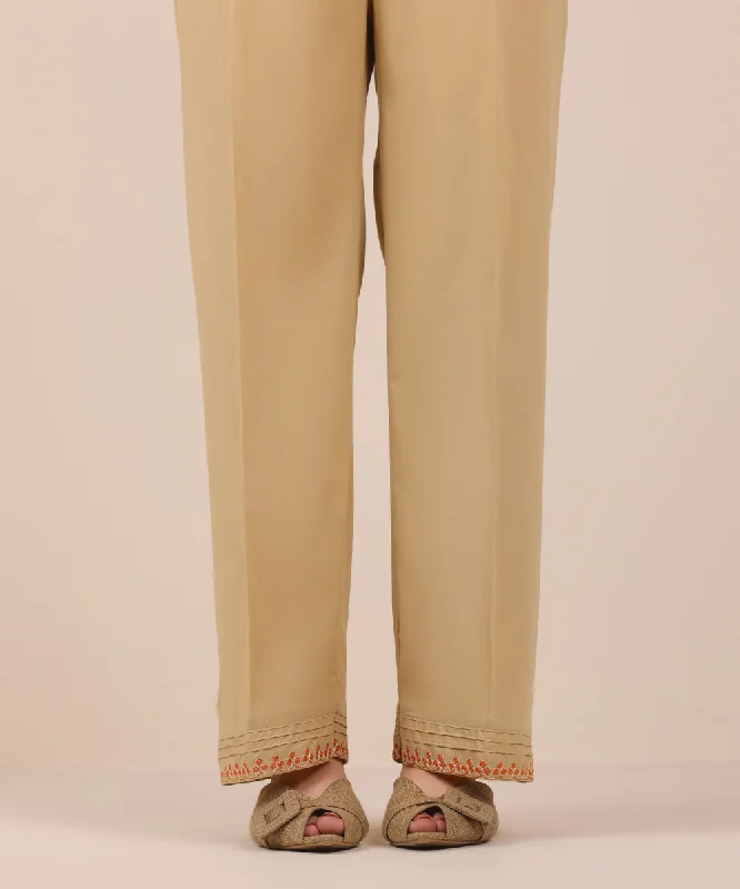 Embroidered Cambric Straight Pants Stylish Paperbag Waist Pants