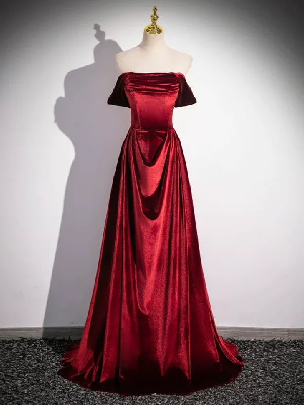Burgundy Velvet Elegant A-Line Off Shoulder Formal Party Dress, DP2473 Pleated Skirt Elegant Burgundy Velvet Elegant A-Line Off Shoulder Formal Party Dress, DP2473 Pleated Skirt Elegant