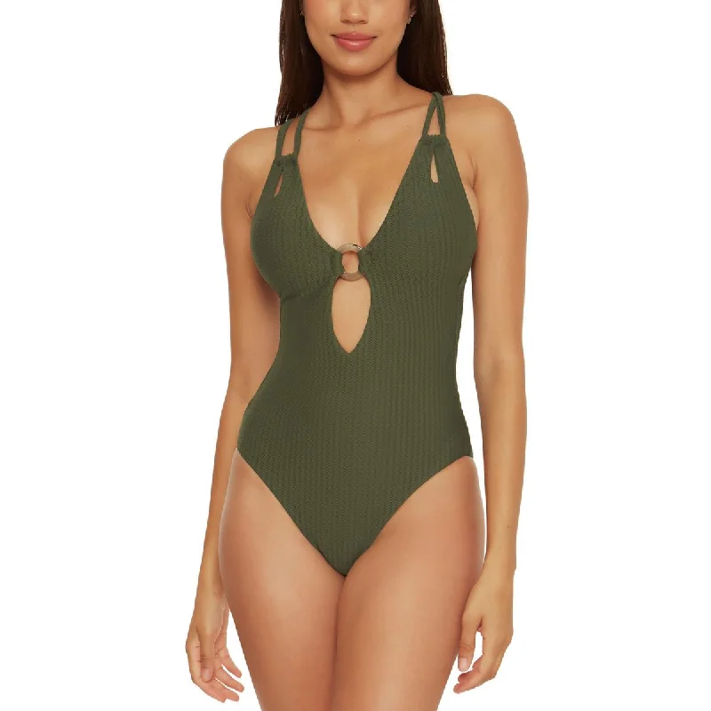 Becca by Rebecca Virtue Womens Ribbed Nylon One-Piece Swimsuit Swim Dress with Belt
