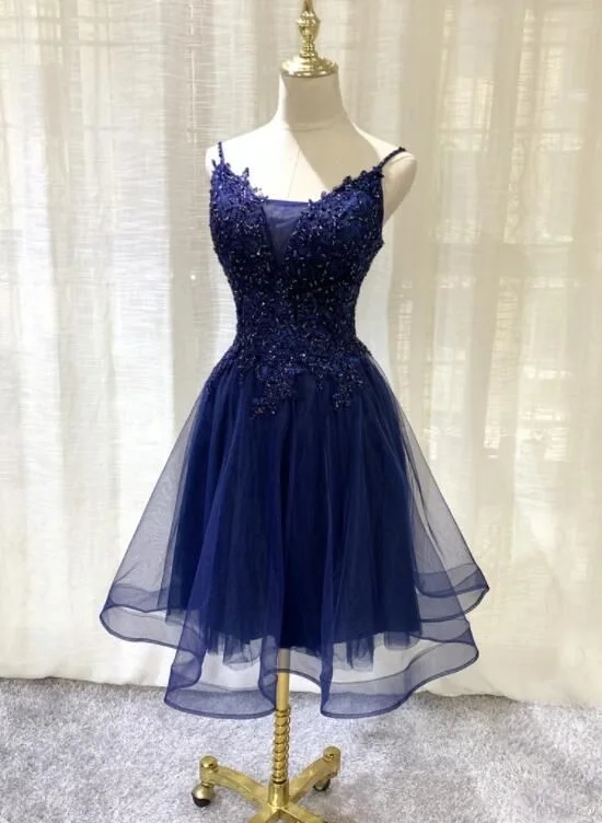 Navy Blue V-neckline Tulle Short Homecoming Dress, Lace Applique Short Party Dress C873 Tunics Essential wardrobe Navy Blue V-neckline Tulle Short Homecoming Dress, Lace Applique Short Party Dress C873 Tunics Essential wardrobe
