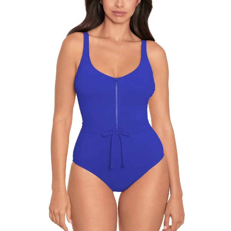 Skinny Dippers Womens Solid Zip-Up One-Piece Swimsuit High-Waist Bikini Set