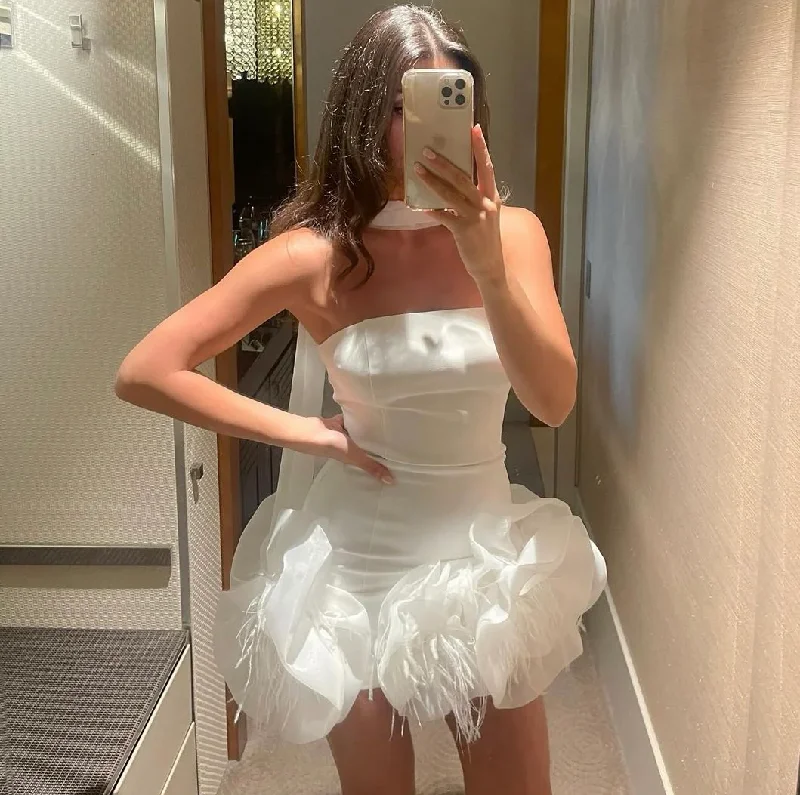 White Strapless Sheath Short Party Dress with Feathers, DP2750 Tunics Designer luxury White Strapless Sheath Short Party Dress with Feathers, DP2750 Tunics Designer luxury