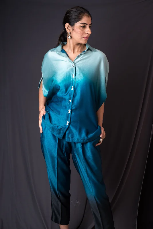 Marseille Co-ord setaquamarine cape top and pants Fashionable Work Pants
