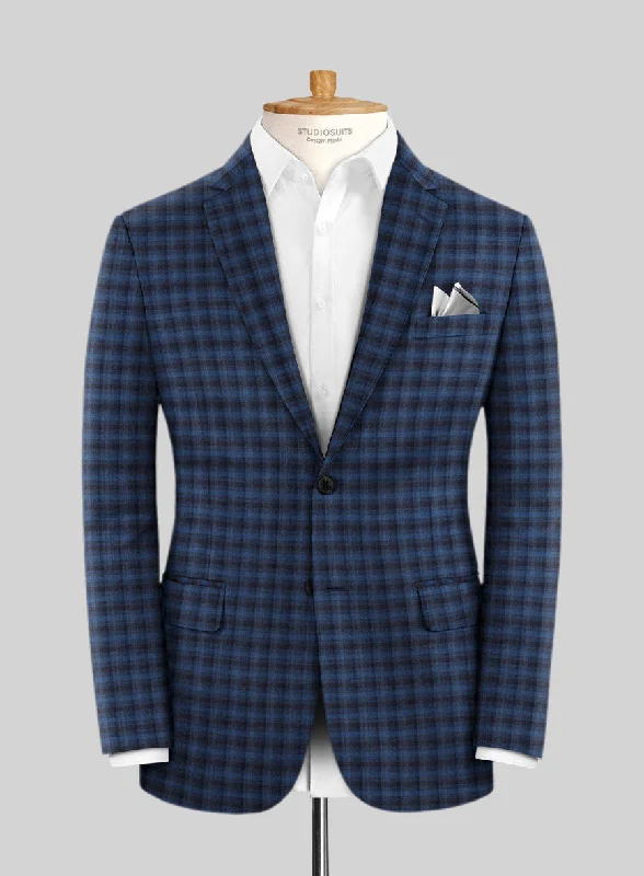 Reda Mid Blue Checks Wool Jacket Notch Collar Jacket Peter Pan Collar Jacket Cowl Neck Jacket