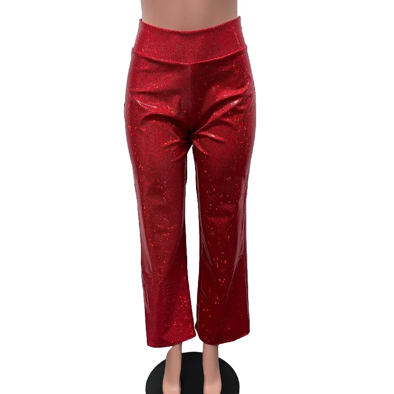 Red Shattered Glass Holographic Straight Wide Leg Pants - Optional Pockets Cozy Full-Length Pants